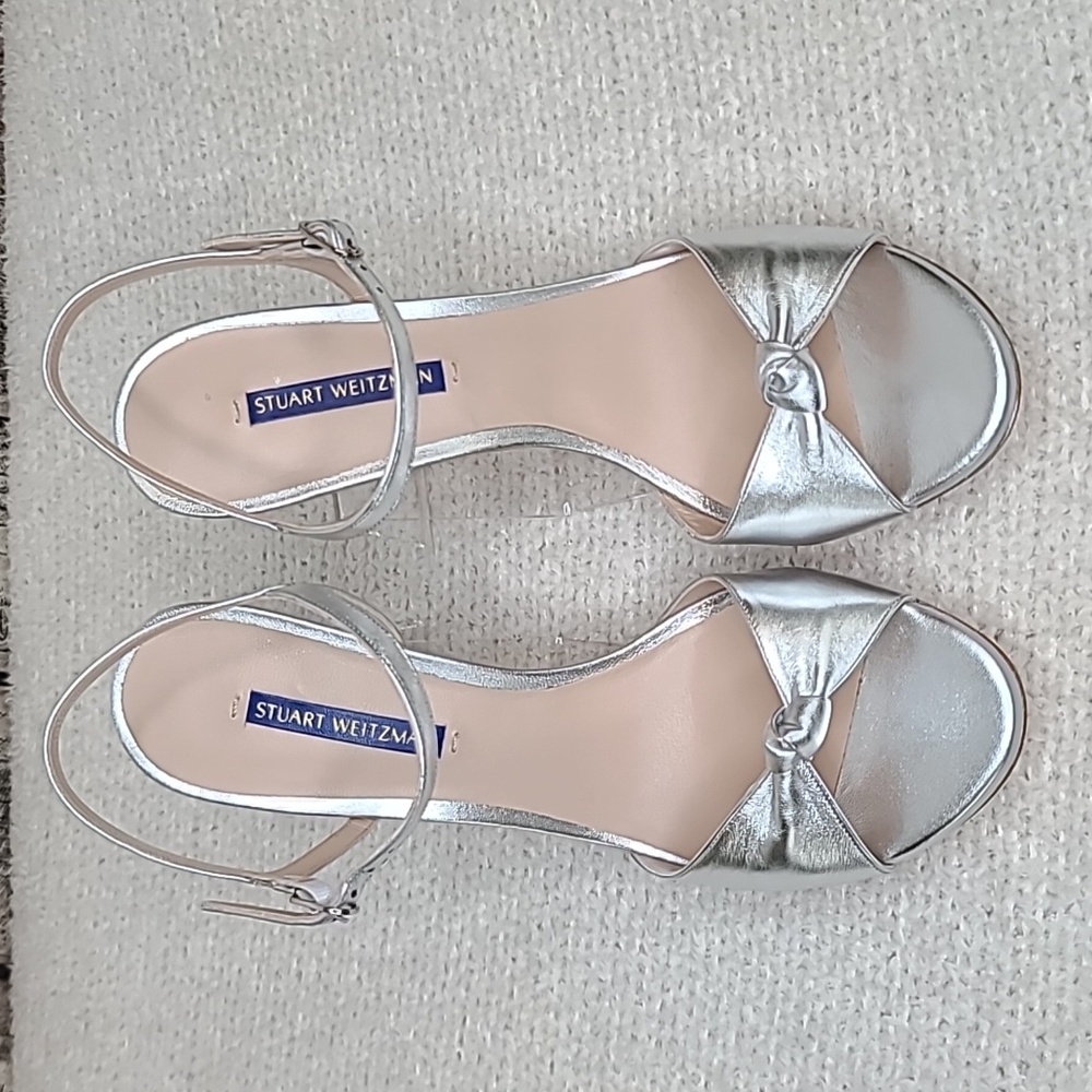 Stuart Weitzman Gloria Metallic Leather Stiletto Sandal/Pump in Silver - NWT/NIB